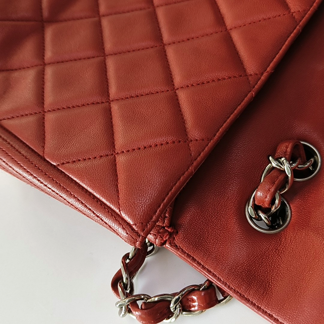 Chanel Classic Flap Single Flap Large Red Lambskin Leather Silver Hardware