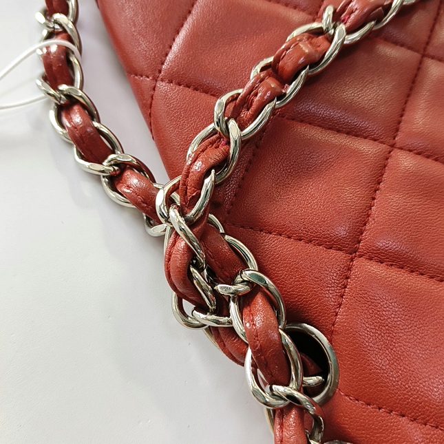 Chanel Classic Flap Single Flap Large Red Lambskin Leather Silver Hardware