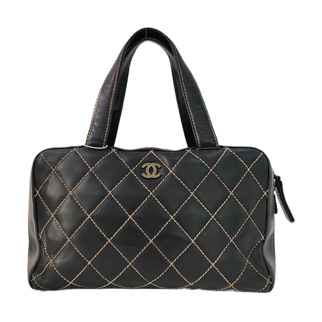 Chanel Surpique Medium Boston Wild Stitch Black Top Handle Zip Opening Bag