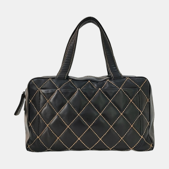 Chanel Boston Wild Stitch Black Top Handle Zip Opening Bag