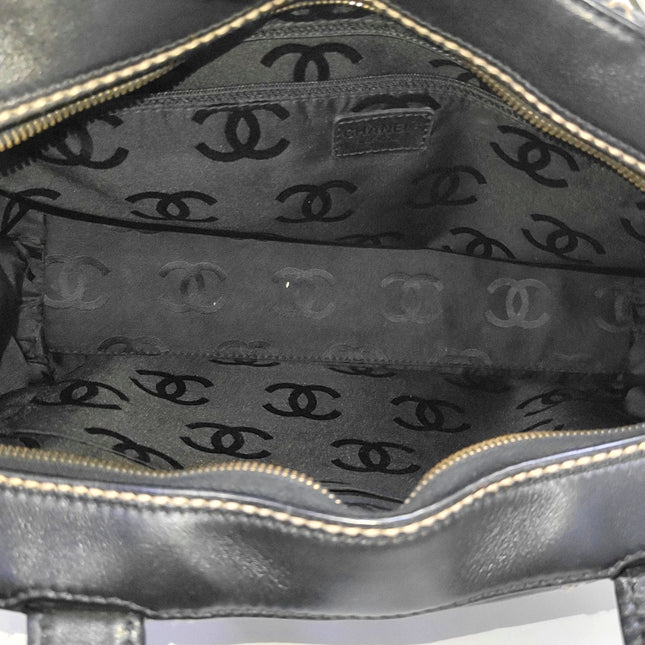 Chanel Boston Wild Stitch Black Top Handle Zip Opening Bag