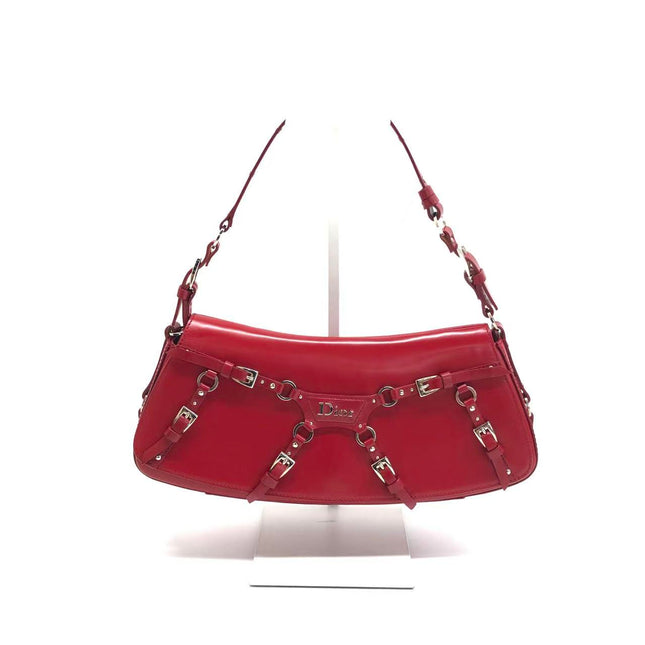 Christian Dior Vintage Leather Bondage Bag Red Shiny Calfskin Leather by John Galliano