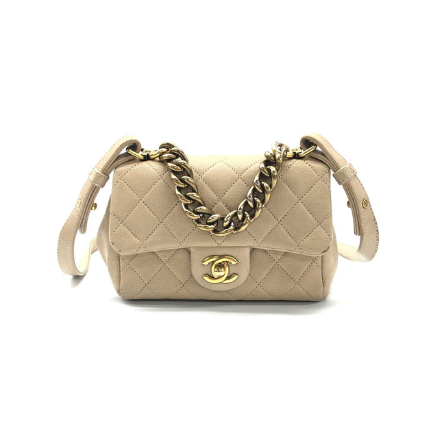 Chanel Paris Rome Mini Trapezio Flap Bag Taupe Quilted Sheepskin Gold Hardware