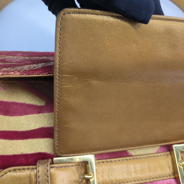 Fendi Red Velvet Gold Zebra Print Front Flap Shoulder Bag