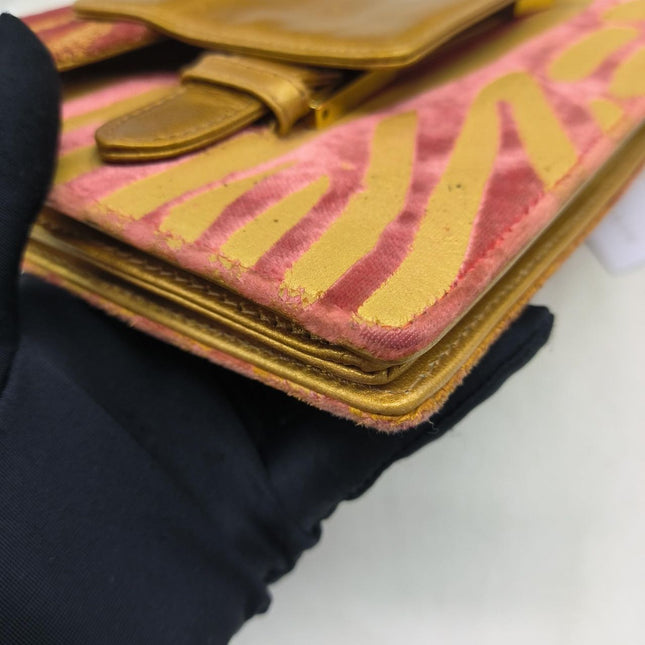 Fendi Red Velvet Gold Zebra Print Front Flap Shoulder Bag