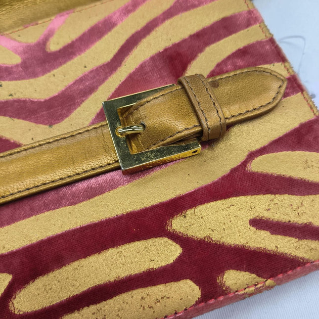 Fendi Red Velvet Gold Zebra Print Front Flap Shoulder Bag