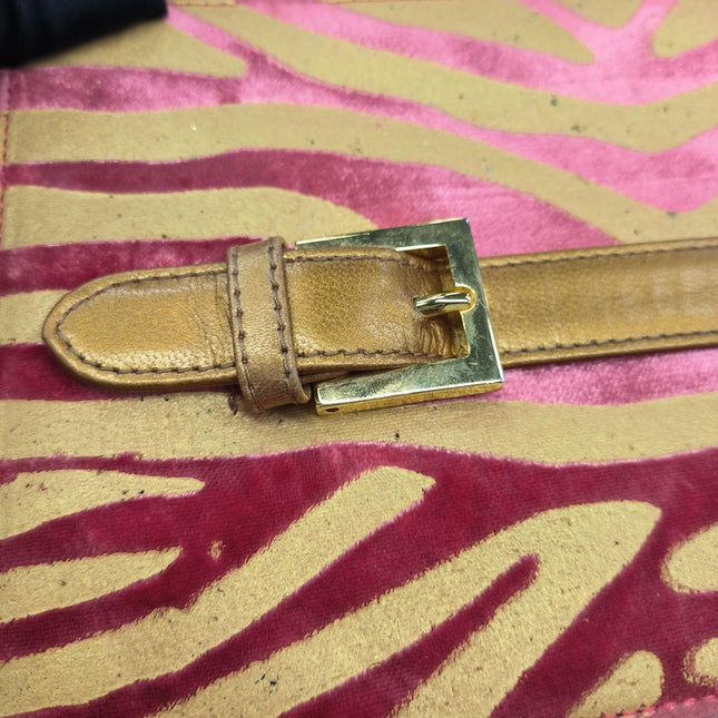 Fendi Red Velvet Gold Zebra Print Front Flap Shoulder Bag