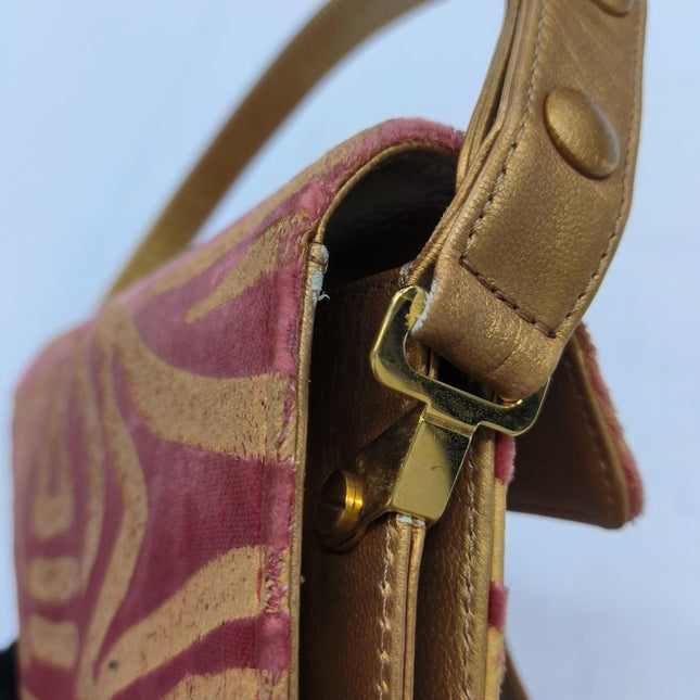 Fendi Red Velvet Gold Zebra Print Front Flap Shoulder Bag