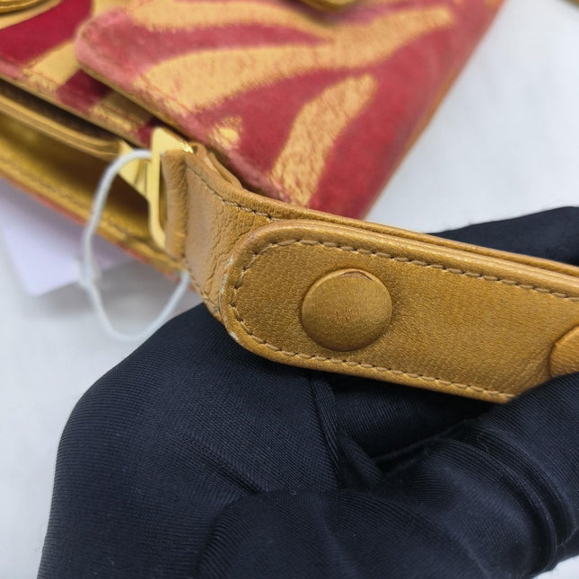 Fendi Red Velvet Gold Zebra Print Front Flap Shoulder Bag