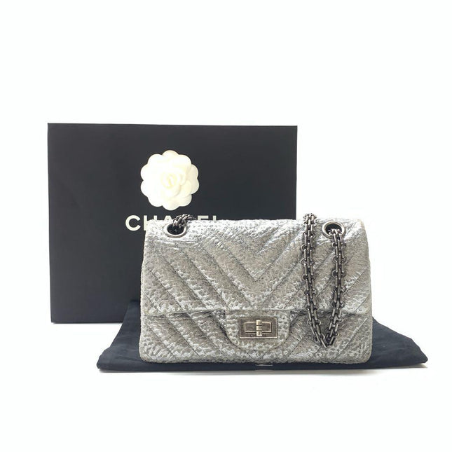 Chanel 2.55 Mini Chevron Stitching Silver Patterned Calfskin Leather Silver Hardware Flap Crossbody Bag