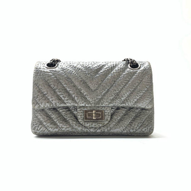 Chanel 2.55 Mini Chevron Stitching Silver Patterned Calfskin Leather Silver Hardware Flap Crossbody Bag