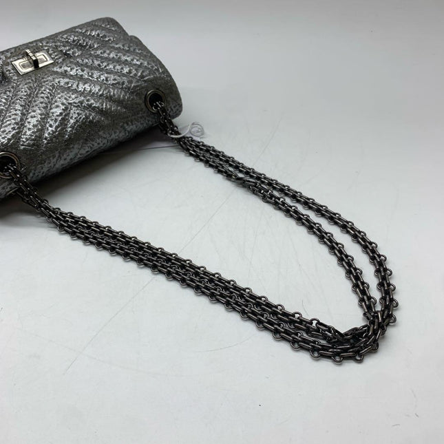 Chanel 2.55 Mini Chevron Stitching Silver Patterned Calfskin Leather Silver Hardware Flap Crossbody Bag