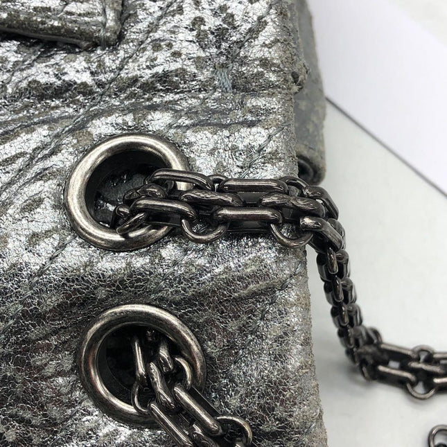 Chanel 2.55 Mini Chevron Stitching Silver Patterned Calfskin Leather Silver Hardware Flap Crossbody Bag