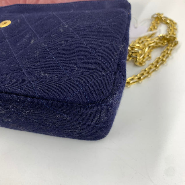 Chanel Classic Flap Small Vintage Navy Fabric 24k Gold Hardware Linked Chain Strap