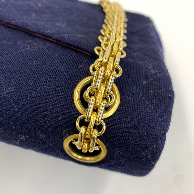 Chanel Classic Flap Small Vintage Navy Fabric 24k Gold Hardware Linked Chain Strap
