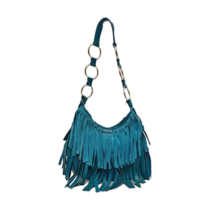YSL Blue Suede Tassels Shoulder Bag Silver Ring Strap
