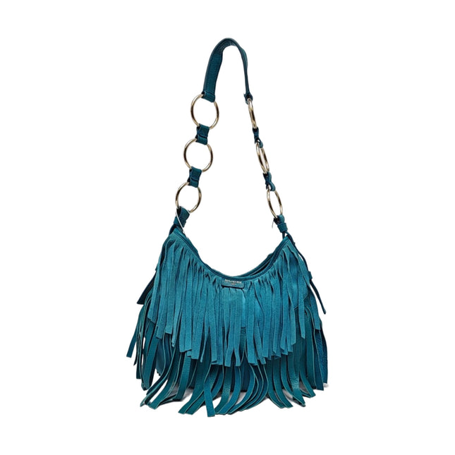 YSL Blue Suede Tassels Shoulder Bag Silver Ring Strap