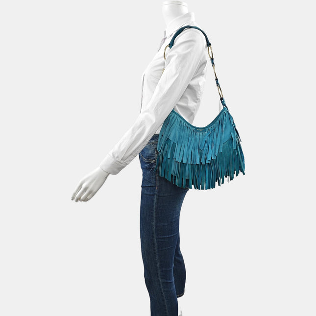 YSL Blue Suede Tassels Shoulder Bag Silver Ring Strap