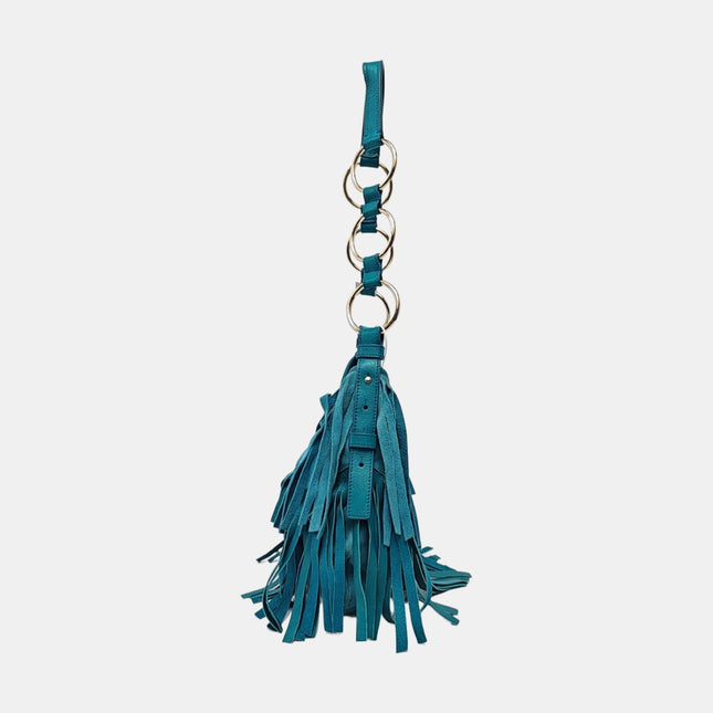 YSL Blue Suede Tassels Shoulder Bag Silver Ring Strap