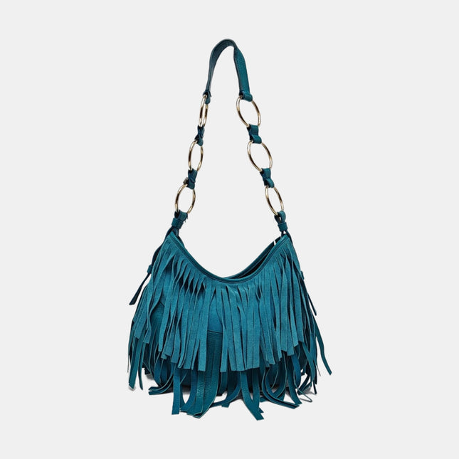 YSL Blue Suede Tassels Shoulder Bag Silver Ring Strap