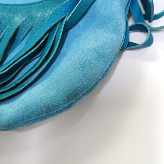 YSL Blue Suede Tassels Shoulder Bag Silver Ring Strap