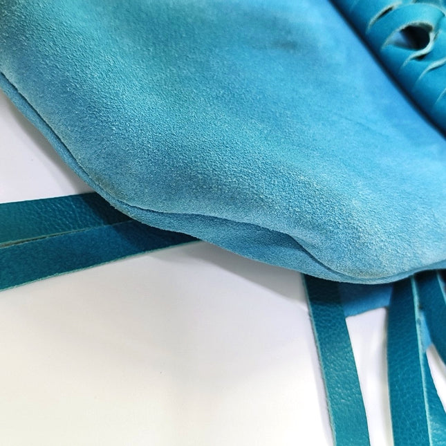 YSL Blue Suede Tassels Shoulder Bag Silver Ring Strap