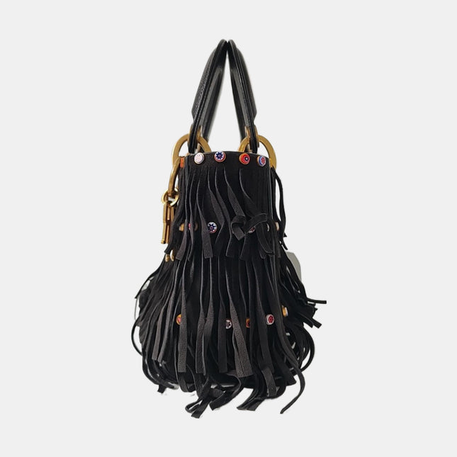 Lady Dior Mini Black Suede Tassels with Gold Hardware 2018