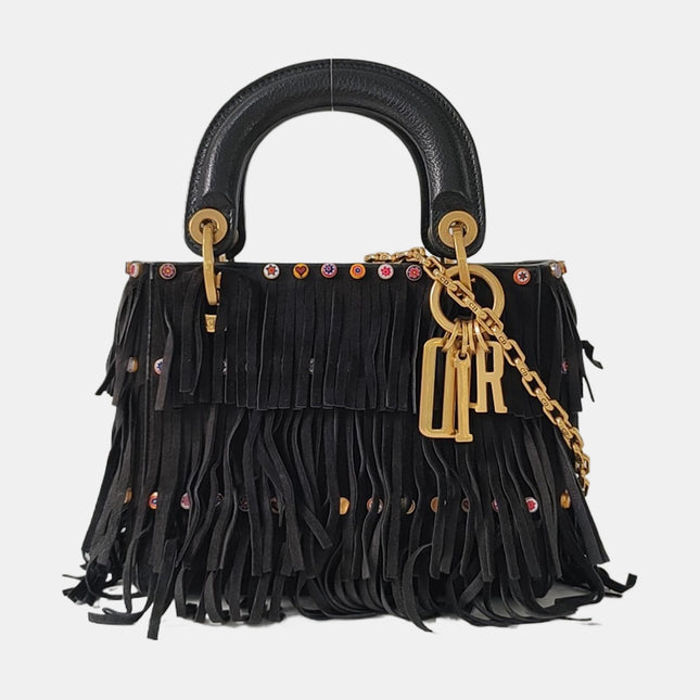 Lady Dior Mini Black Suede Tassels with Gold Hardware 2018