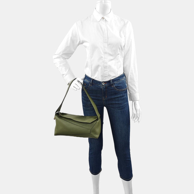 Loewe Puzzle Hobo Shoulder Bag Green Leather