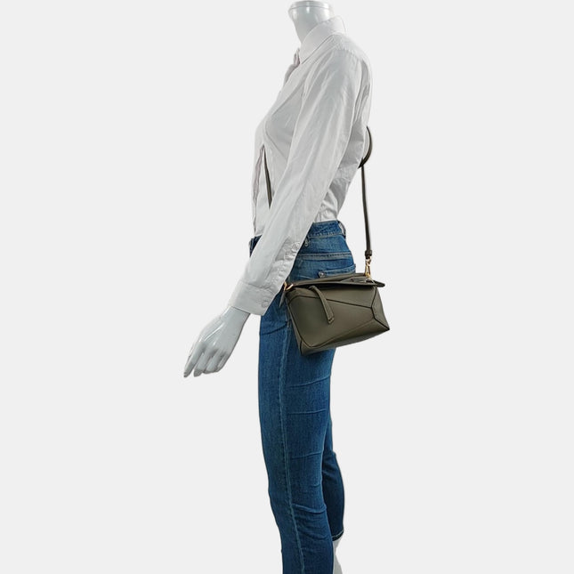 Loewe Puzzle Edge Mini Dark Olive Green Calfskin Leather Crossbody Bag