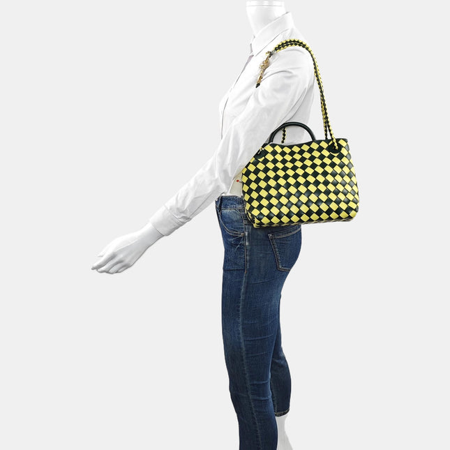Bottega Veneta Andiamo Small Yellow and Green Checkered Intrecciato Leather Handbag