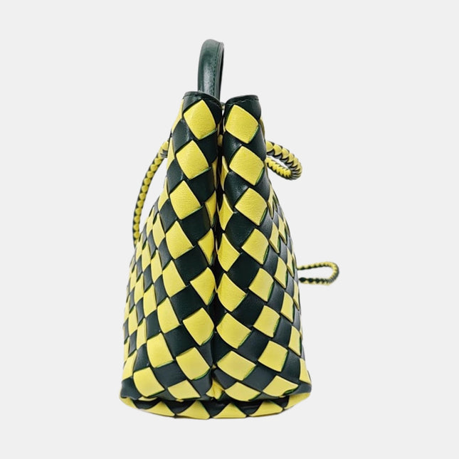 Bottega Veneta Andiamo Small Yellow and Green Checkered Intrecciato Leather Handbag