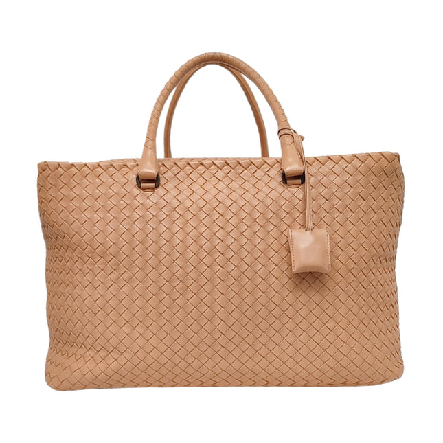 Bottega Veneta Travel Luggage Tote Beige Intrecciato Leather Top Handle Zip Closure 