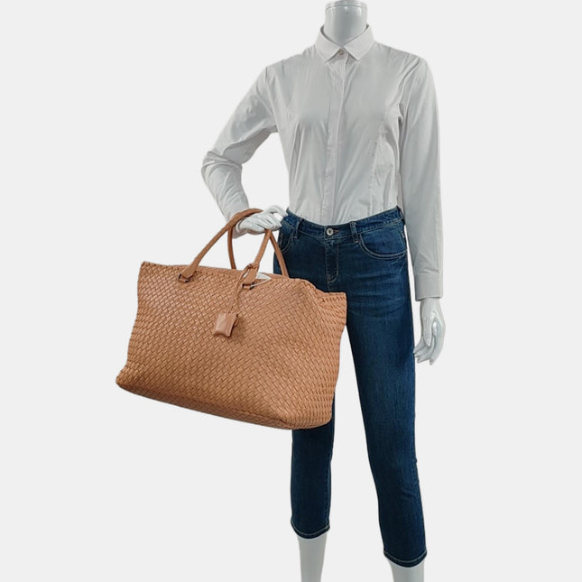 Bottega Veneta Travel Luggage Tote Beige Intrecciato Leather Top Handle Zip Closure