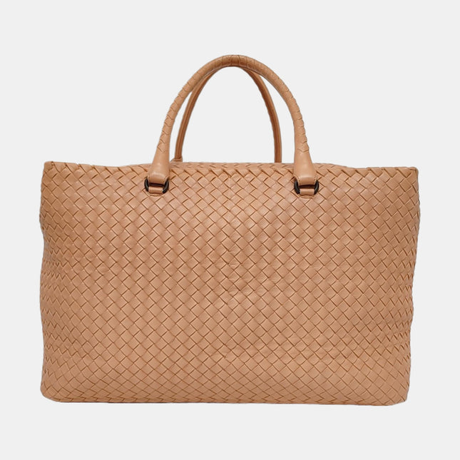 Bottega Veneta Travel Luggage Tote Beige Intrecciato Leather Top Handle Zip Closure