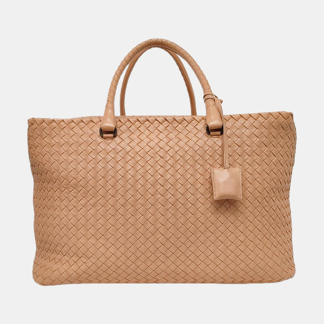 Bottega Veneta Travel Luggage Tote Beige Intrecciato Leather Top Handle Zip Closure