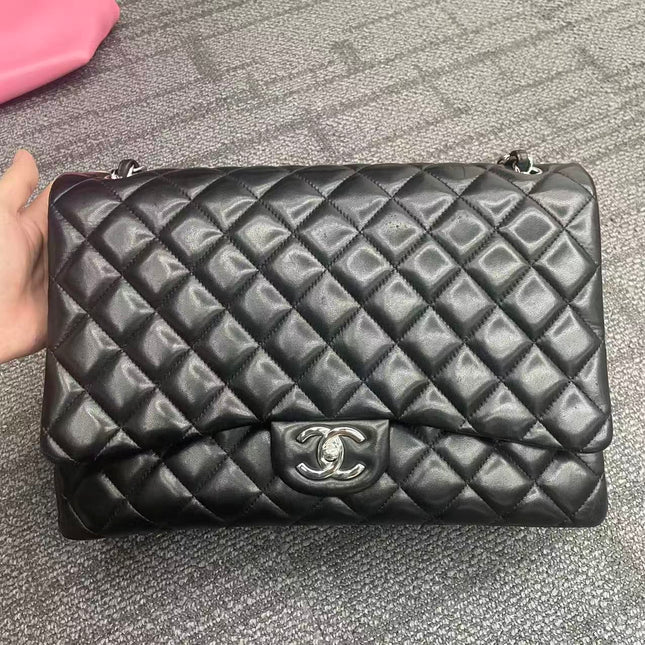 Chanel Classic Flap Maxi Black Lambskin Leather Double Flap Silver Hardware 2013-14-1013
