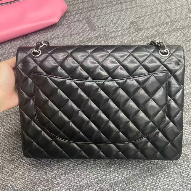 Chanel Classic Flap Maxi Black Lambskin Leather Double Flap Silver Hardware 2013-14