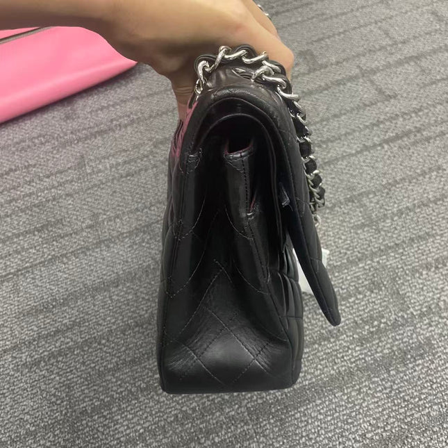 Chanel Classic Flap Maxi Black Lambskin Leather Double Flap Silver Hardware 2013-14