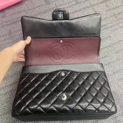 Chanel Classic Flap Maxi Black Lambskin Leather Double Flap Silver Hardware 2013-14