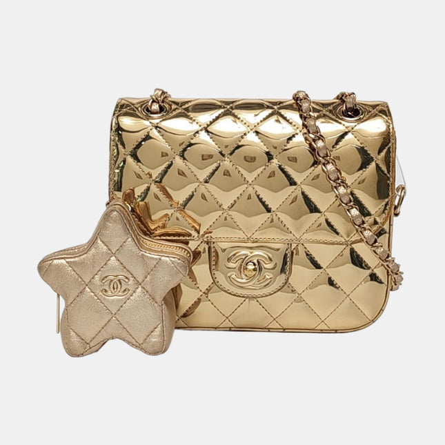 Chanel Classic Flap Mini Square Star Purse Gold Patent Calfskin Leather Mirror Glaze