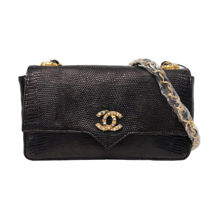 Chanel Classic Flap Mini Vintage Black Lizard Embossed Leather Gem CC Buckle Crossbody Bag-Luxbags