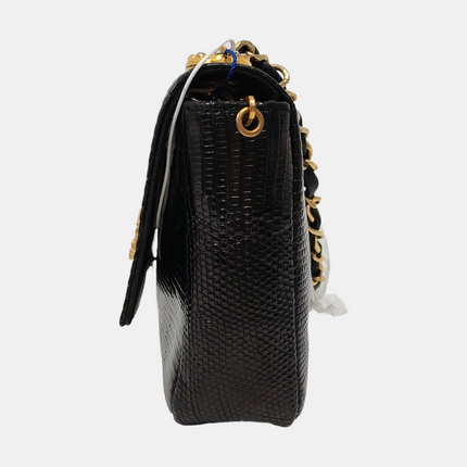 Chanel Classic Flap Mini Vintage Black Lizard Embossed Leather Gem CC Buckle Crossbody Bag