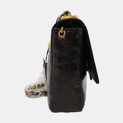 Chanel Classic Flap Mini Vintage Black Lizard Embossed Leather Gem CC Buckle Crossbody Bag