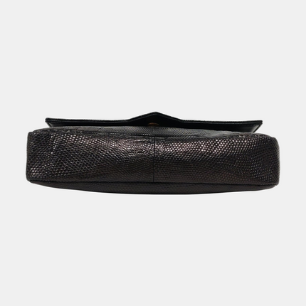 Chanel Classic Flap Mini Vintage Black Lizard Embossed Leather Gem CC Buckle Crossbody Bag