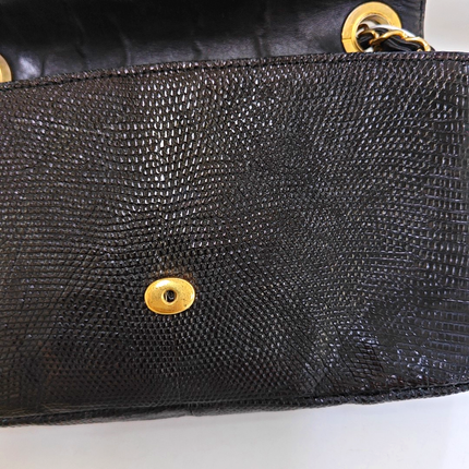 Chanel Classic Flap Mini Vintage Black Lizard Embossed Leather Gem CC Buckle Crossbody Bag