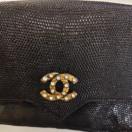 Chanel Classic Flap Mini Vintage Black Lizard Embossed Leather Gem CC Buckle Crossbody Bag