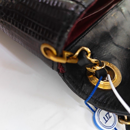 Chanel Classic Flap Mini Vintage Black Lizard Embossed Leather Gem CC Buckle Crossbody Bag