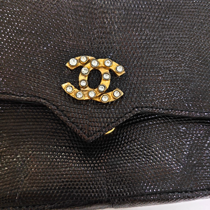 Chanel Classic Flap Mini Vintage Black Lizard Embossed Leather Gem CC Buckle Crossbody Bag
