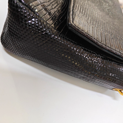 Chanel Classic Flap Mini Vintage Black Lizard Embossed Leather Gem CC Buckle Crossbody Bag